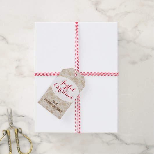 Burlap en Kant, Vrolijke Kerstmis Gepersonaliseerd Cadeaulabel (Met Touw)