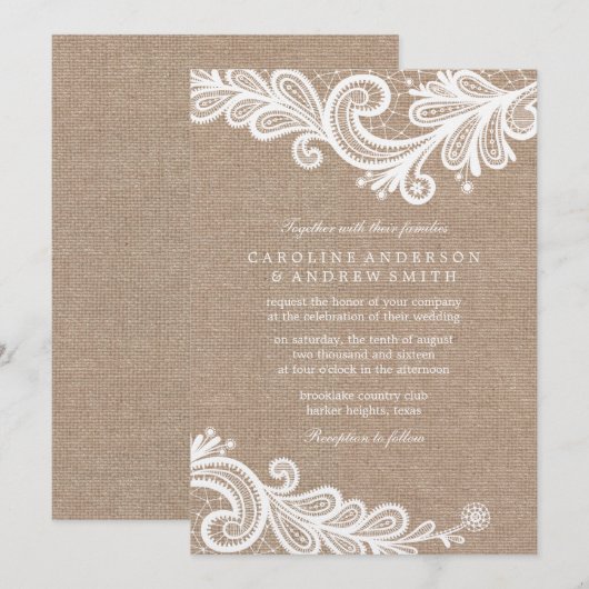 Burlap en kantbruiloft kaart (Voorkant / Achterkant)