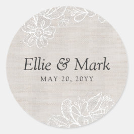 Burlap en kantbruiloft ronde sticker