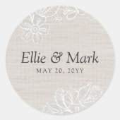 Burlap en kantbruiloft ronde sticker (Voorkant)