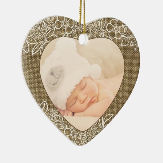 Burlap en Lace Baby First Kerstmis Keramisch Ornament (Rechts)