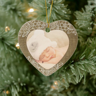 Burlap en Lace Baby First Kerstmis Keramisch Ornament