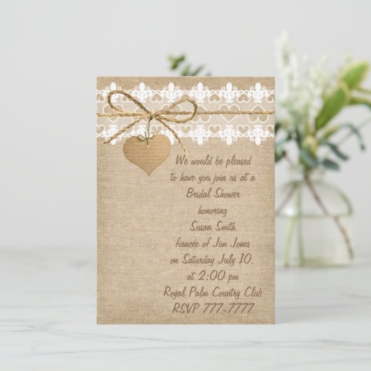 Burlap en Lace Bridal Shower Invitation Kaart (Staand voorkant)