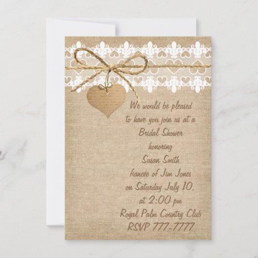 Burlap en Lace Bridal Shower Invitation Kaart (Voorkant)