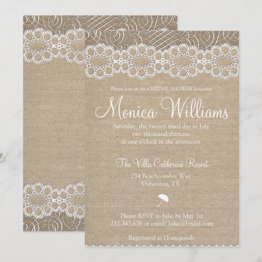 Burlap en Lace Bridal Shower Invitation Kaart (Voorkant / Achterkant)