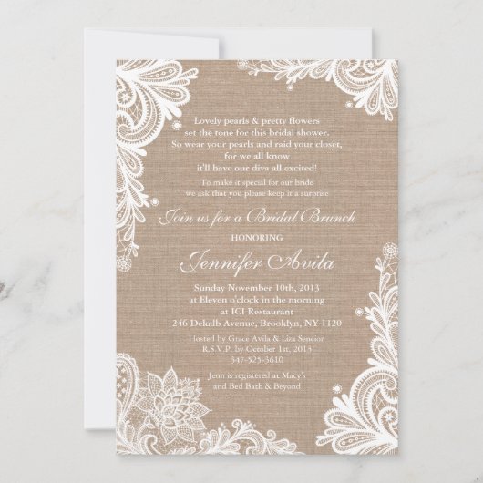 Burlap en Lace Bridal Shower Invitation Kaart (Voorkant)