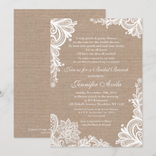 Burlap en Lace Bridal Shower Invitation Kaart (Voorkant / Achterkant)