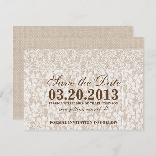 Burlap en Lace | Datum opslaan Save The Date (Voorkant / Achterkant)