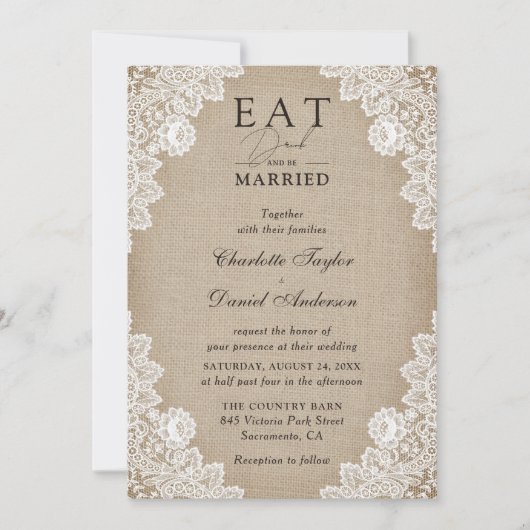 Burlap en Lace Eet Drink en Be Married Wedding Kaart (Voorkant)