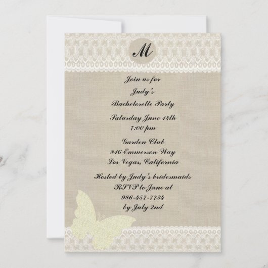 Burlap- en Lace-monogram Bachelorette-partij Kaart (Voorkant)