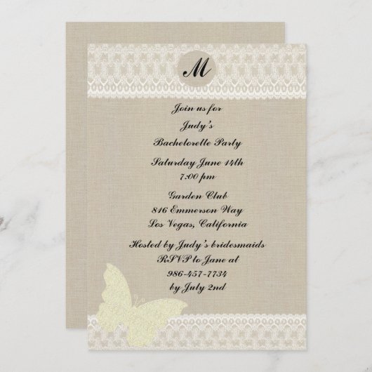Burlap- en Lace-monogram Bachelorette-partij Kaart (Voorkant / Achterkant)