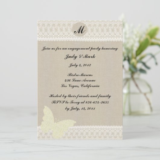 Burlap- en Lace Monogram Engagement Party nodigt u Kaart (Staand voorkant)