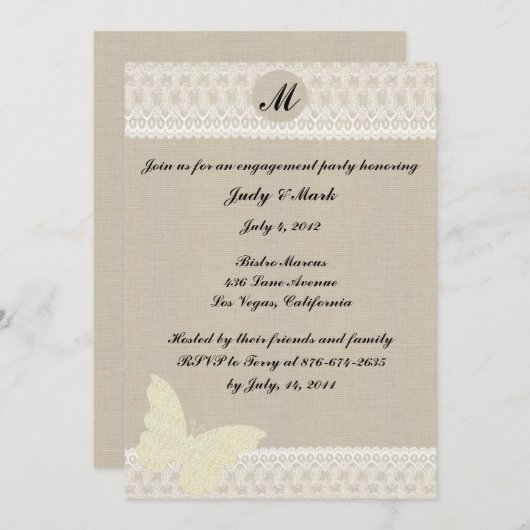 Burlap- en Lace Monogram Engagement Party nodigt u Kaart (Voorkant / Achterkant)