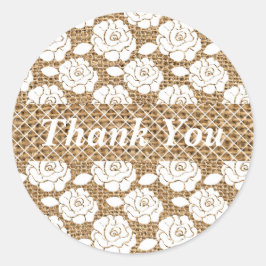 Burlap- en Lace Monogram Wedding-Sticker Ronde Sticker