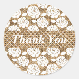 Burlap- en Lace Monogram Wedding-Sticker Ronde Sticker