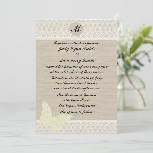 Burlap- en Lace Monogram Wedding-uitnodiging Kaart (Staand voorkant)