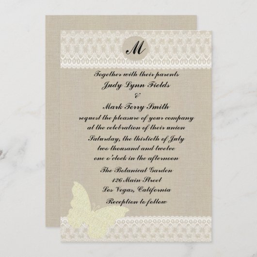 Burlap- en Lace Monogram Wedding-uitnodiging Kaart (Voorkant / Achterkant)