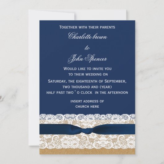 Burlap en Lace Navy Wedding Kaart (Voorkant)