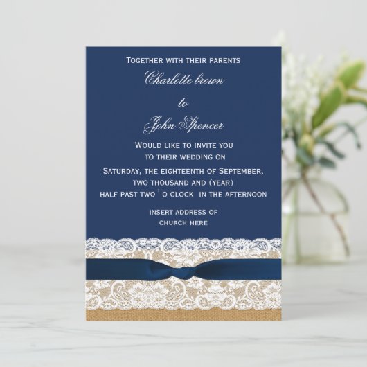 Burlap en Lace Navy Wedding Kaart (Staand voorkant)