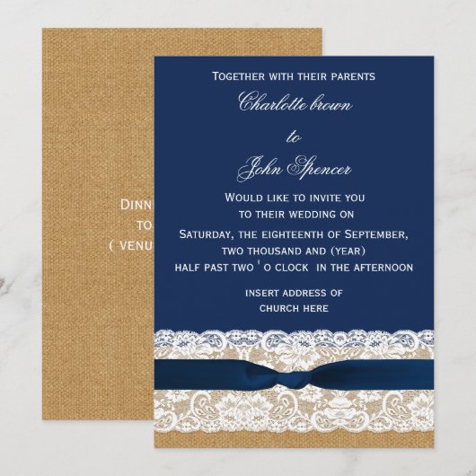 Burlap en Lace Navy Wedding Kaart (Voorkant / Achterkant)