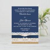 Burlap en Lace Navy Wedding Kaart (Staand voorkant)
