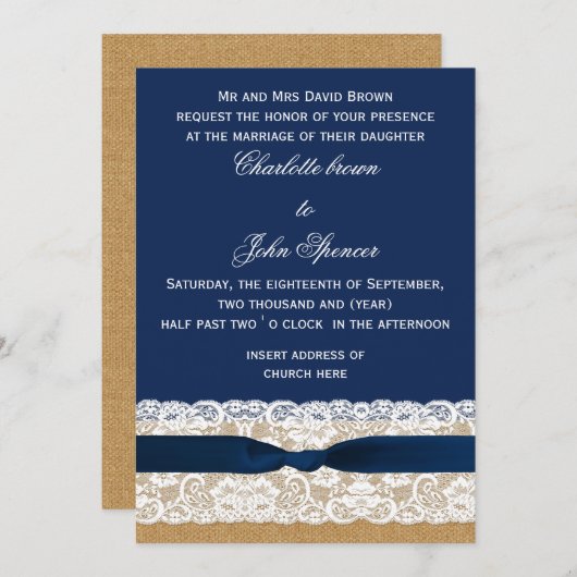 Burlap en Lace Navy Wedding Kaart (Voorkant / Achterkant)