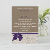 Burlap en Lace Paars Wedding Kaart (Staand voorkant)
