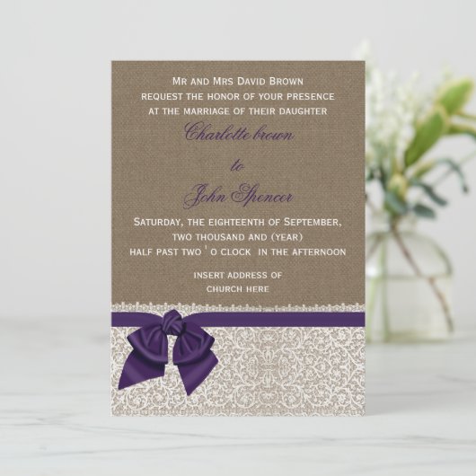 Burlap en Lace Paars Wedding Kaart (Staand voorkant)