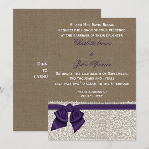 Burlap en Lace Paars Wedding Kaart
