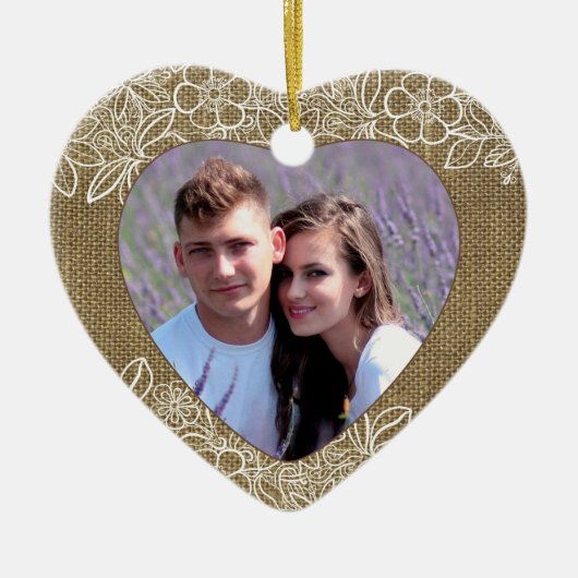 Burlap en Lace Pas getrouwd First Kerstmis Keramisch Ornament (Voorkant)