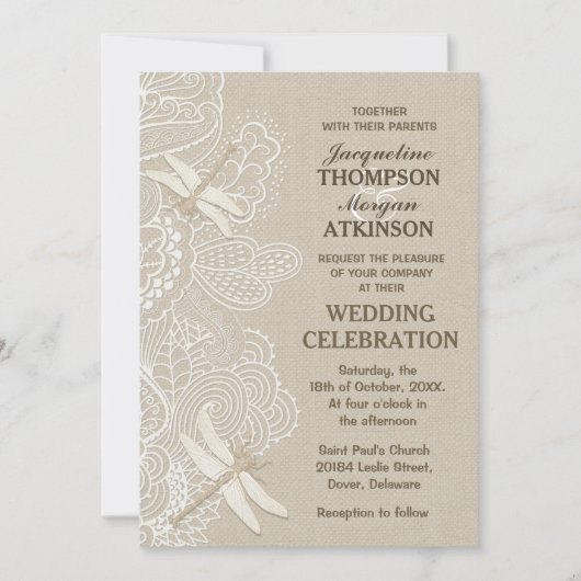 Burlap en Lace Rustic Wedding Invitation Kaart (Voorkant)