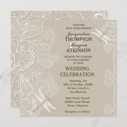 Burlap en Lace Rustic Wedding Invitation Kaart (Voorkant / Achterkant)
