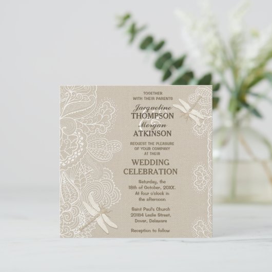 Burlap en Lace Rustic Wedding Invitation Kaart (Staand voorkant)