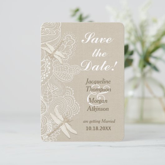 Burlap en Lace Rustic Wedding Save the Date Kaart (Staand voorkant)