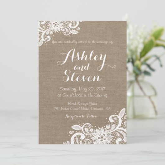 Burlap- en Lace-trouwuitnodiging Kaart (Staand voorkant)