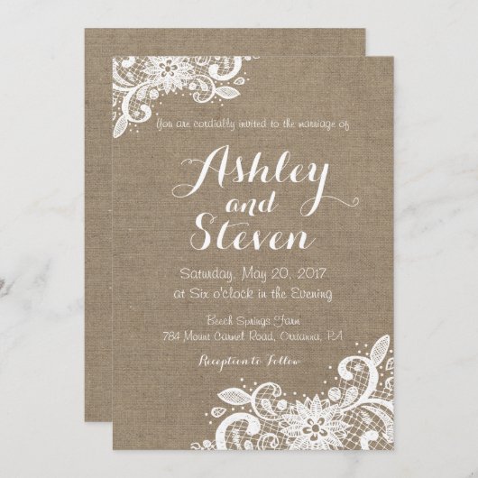 Burlap- en Lace-trouwuitnodiging Kaart (Voorkant / Achterkant)