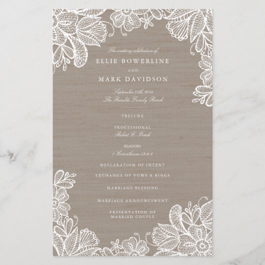 Burlap- en Lace Wedding-programma's (Voorkant)