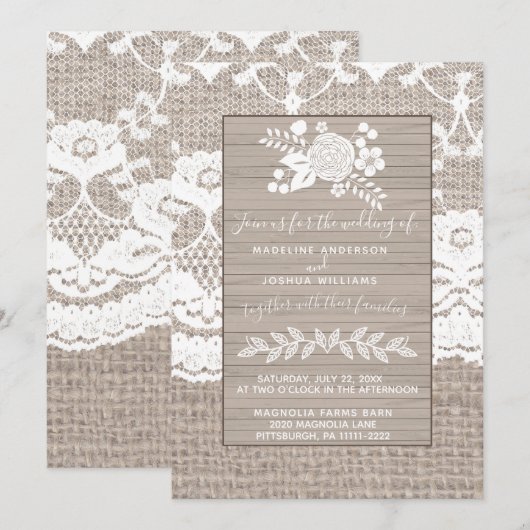 Burlap en Lace Wedding Uitnodiging, Rustic Wedding Kaart (Voorkant / Achterkant)