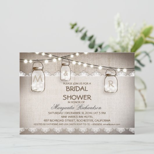 Burlap en Mason Jars Bruids Douche Uitnodigingen (Staand voorkant)