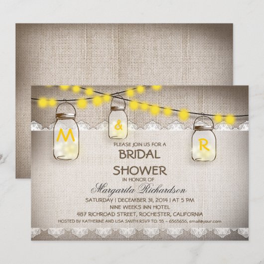Burlap en Mason Jars Bruids Douche Uitnodigingen (Voorkant / Achterkant)