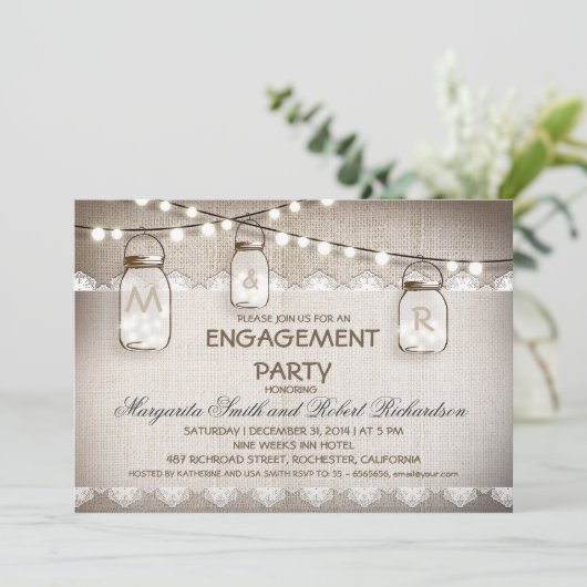 Burlap en Mason Jars verlovingsfeest uitnodigingen (Staand voorkant)