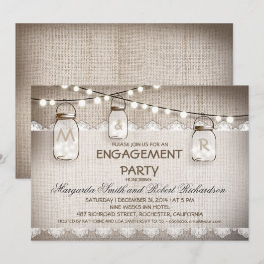 Burlap en Mason Jars verlovingsfeest uitnodigingen (Voorkant / Achterkant)