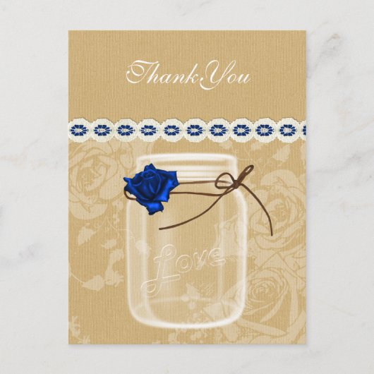 Burlap en Navy Blue roos Mason Jar Dank u Briefkaart (Voorkant)