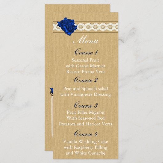 Burlap en Navy Blue roos Mason Jar Wedding Menu (Voorkant / Achterkant)