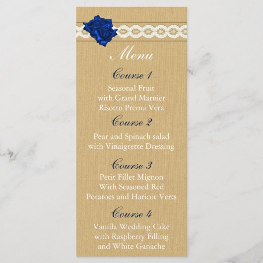 Burlap en Navy Blue roos Mason Jar Wedding Menu (Voorkant)