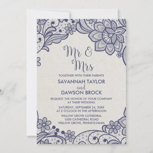 Burlap en Navy Lace | Floral Mr. en Mrs Wedding Kaart (Voorkant)