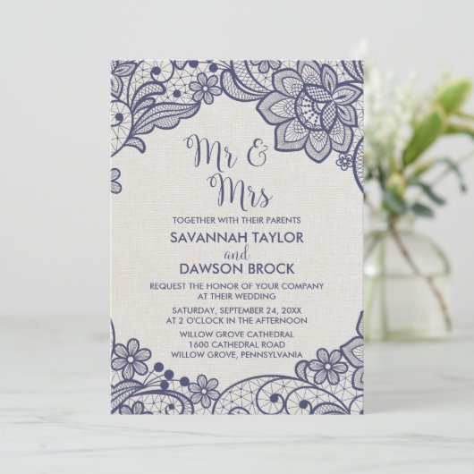 Burlap en Navy Lace | Floral Mr. en Mrs Wedding Kaart (Staand voorkant)
