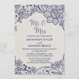 Burlap en Navy Lace | Floral Mr. en Mrs Wedding Kaart