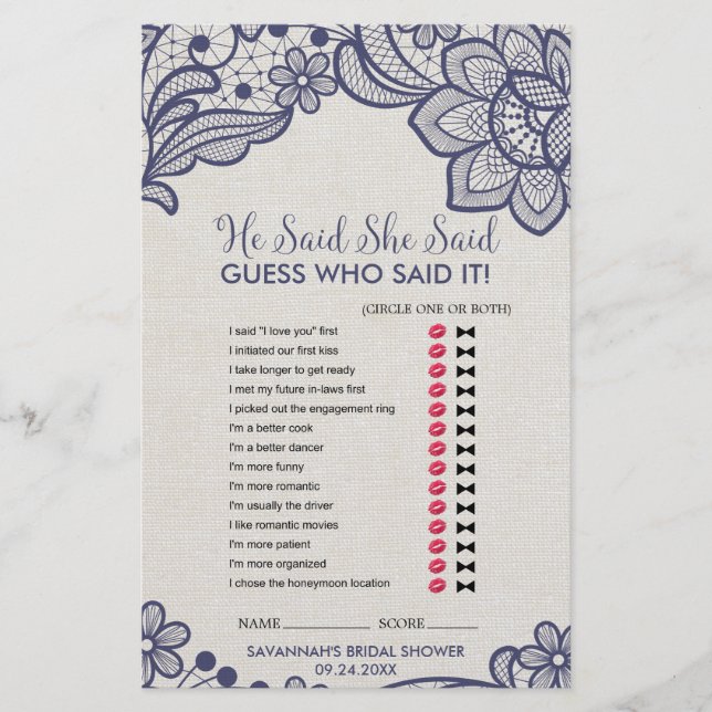 Burlap en Navy Lace "Hij zei dat ze zei: Game" (Voorkant)