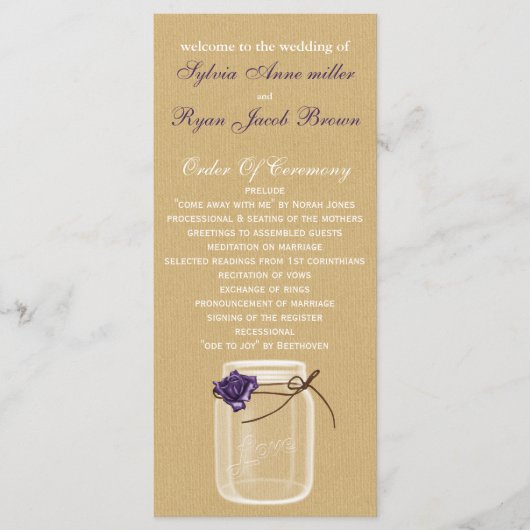 Burlap en paarse roos Mason Jar huwelijksprogramma Programmakaart (Voorkant)